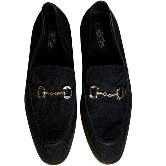 La Milano Black Leather Linen Silver Horse Bit Detail Slip On Loafer Size 9.5 - Picture 3 of 11